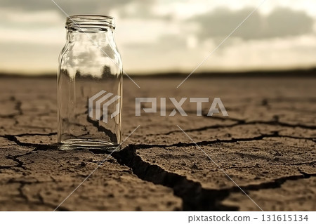 Empty Glass Jar on Dry Cracked Soil Symbolizing Drought and Water Scarcity Challenges Empty Glass Jar on Dry Cracked Soil Symbolizing Drought and Water Scarcity Challenges 131615134
