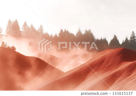 Serene Red Hills with Mist and Pine Trees in Soft Morning Light over Mountain Landscape Serene Red Hills with Mist and Pine Trees in Soft Morning Light over Mountain Landscape 131615137