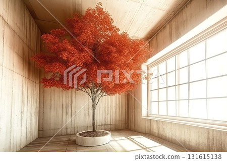 Vibrant Red Tree in Modern Minimalist Interior Space with Natural Light and Concrete Walls Vibrant Red Tree in Modern Minimalist Interior Space with Natural Light and Concrete Walls 131615138