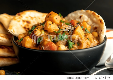 Delicious Vegetarian Curry with Chickpeas and Fresh Vegetables in a Black Bowl 131615186