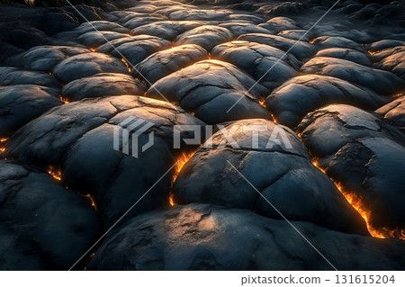 Molten Lava Texture on Rocky Surface Illuminated by Glowing Light in Twilight Setting Molten Lava Texture on Rocky Surface Illuminated by Glowing Light in Twilight Setting 131615204