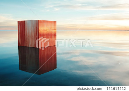 Serene Reflection of Wooden Block in Calm Water at Sunset with Colorful Sky Background Serene Reflection of Wooden Block in Calm Water at Sunset with Colorful Sky Background 131615212
