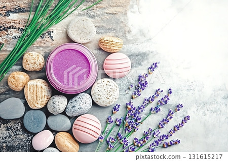 Aromatherapy Spa Products with Stones and Lavender for Relaxation and Wellness Treatment Aromatherapy Spa Products with Stones and Lavender for Relaxation and Wellness Treatment 131615217