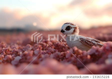 Delicate Bird Figurine Surrounded by Pink Blossoms at Sunset in a Dreamy Landscape 131615228