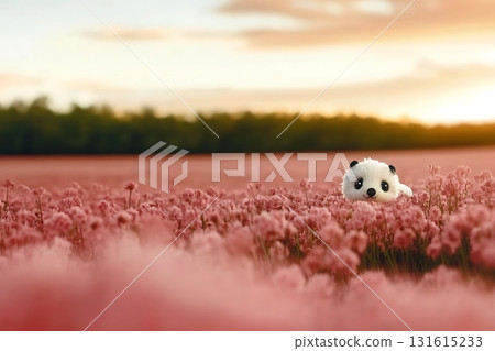 Cute Panda Toy Sitting in Pink Flower Field During Golden Hour at Sunset 131615233