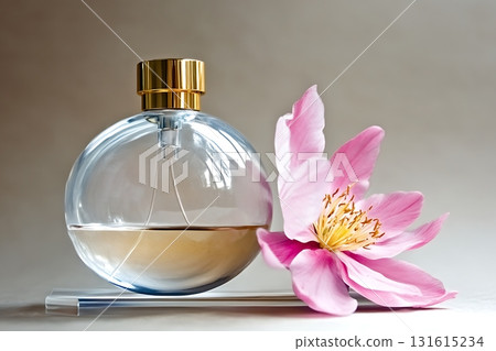 Elegant perfume bottle with a pink flower on a soft gradient background 131615234