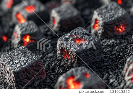 Close-Up View of Glowing Charcoal Pieces on Dark Surface of Barbecue Grill Fire 131615235