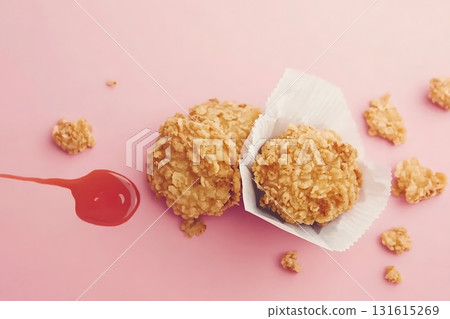 Crispy Fried Snack with Red Sauce on Soft Pink Background for Food Photography 131615269