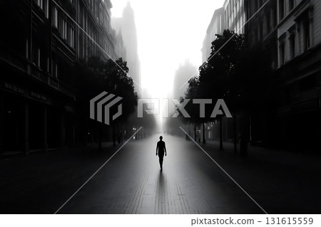 Solitary Figure Walking Through Foggy Urban Street in Black and White Photography 131615559
