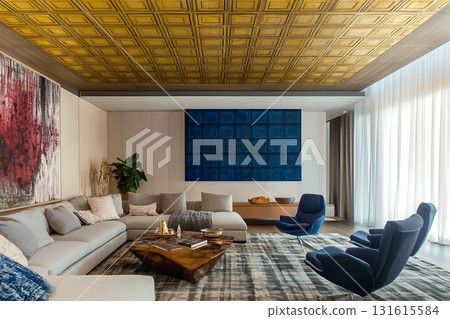 Modern Living Room with Unique Ceiling Design and Stylish Furniture Elements 131615584