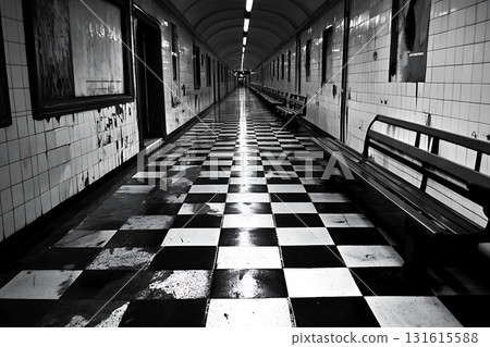 Narrow Subway Corridor with Black and White Checkered Floor in Abandoned Station 131615588