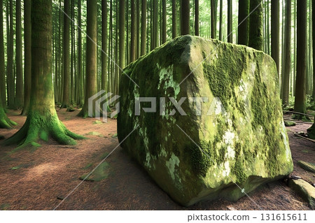 Lush Forest Scene Featuring a Large Moss-Covered Rock Surrounded by Tall Green Trees Lush Forest Scene Featuring a Large Moss-Covered Rock Surrounded by Tall Green Trees 131615611