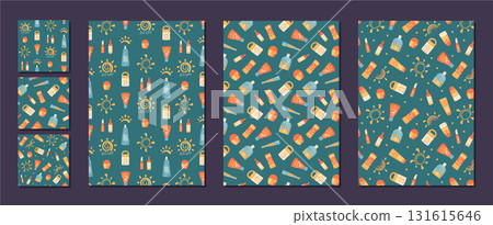 Flat seamless pattern shows sunscreen bottle, tube and cream shapes on background. Sunblock and spf lotion create two flat summer motif, cosmetic care visual with sun element, perfect for health skin 131615646