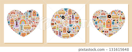 Groovy retro heart and circle shapes in orange and blue, doodle style set. Music party graphic set with rainbow, cassette, guitar, boombox, camera for festival background or creative use. Groovy retro heart and circle shapes in orange and blue, doodle style set. Music party graphic set with rainbow, cassette, guitar, boombox, camera for festival background or creative use. 131615648