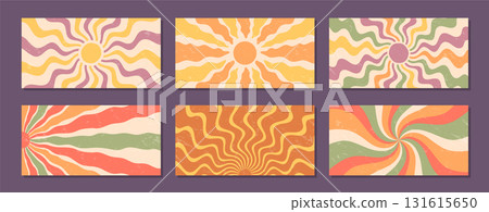 Retro sun burst spiral with groovy wave style set. Sunshine and orange yellow burst create a y2k swirl pattern, horizontal background and grunge set add artistic grungy texture. Retro sun burst spiral with groovy wave style set. Sunshine and orange yellow burst create a y2k swirl pattern, horizontal background and grunge set add artistic grungy texture. 131615650