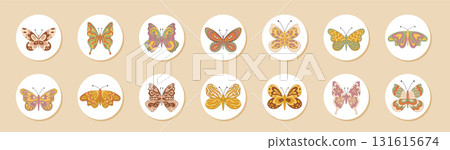 Groovy retro butterfly sticker set with colorful circle label for seal and package lid. Y2k and vintage graphic style, perfect for bright trendy packaging or product decoration. Groovy retro butterfly sticker set with colorful circle label for seal and package lid. Y2k and vintage graphic style, perfect for bright trendy packaging or product decoration. 131615674