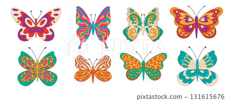 Groovy retro butterfly set in psychedelic abstract doodle style. Funky and colorful groovy element collection with floral and y2k vibe. Modern pattern adds playful vintage charm, ideal for trendy Groovy retro butterfly set in psychedelic abstract doodle style. Funky and colorful groovy element collection with floral and y2k vibe. Modern pattern adds playful vintage charm, ideal for trendy 131615676
