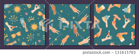 Flat seamless pattern shows sunscreen bottle and cream shapes with SPF and sunblock lotion. Two hands hold bottles as set design for skin summer protection. 131615703