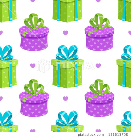 Gift box seamless cartoon pattern with ribbons and bows. Birthday presents create a fun surprise element for party decor. Perfect for wrapping paper, festive occasions, and cheerful event Gift box seamless cartoon pattern with ribbons and bows. Birthday presents create a fun surprise element for party decor. Perfect for wrapping paper, festive occasions, and cheerful event 131615708