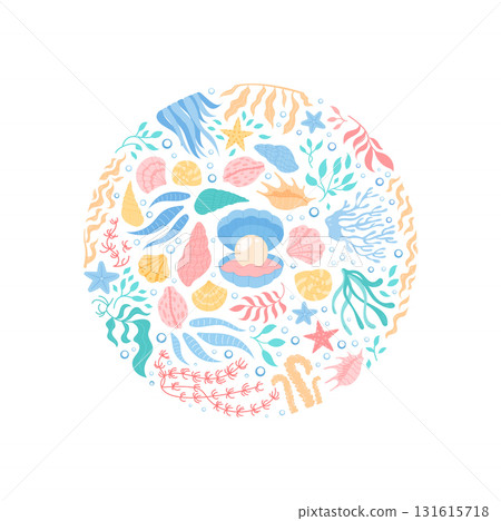 Underwater marine circle design with aquatic life. Vibrant coral, seashell, scallop, and seaweed elements in a round cartoon composition. Ocean concept, perfect for summer themes and aquatic Underwater marine circle design with aquatic life. Vibrant coral, seashell, scallop, and seaweed elements in a round cartoon composition. Ocean concept, perfect for summer themes and aquatic 131615718