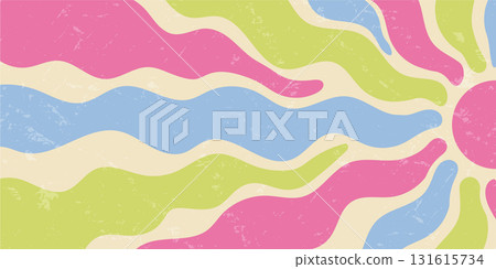 Groovy retro sun burst wavy background in funky abstract color with horizontal energy. Sunshine and sun bring bold grunge vibe and y2k style in a dynamic vibrant scene for trendy visuals. 131615734