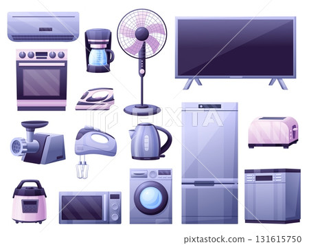 Cartoon home electronics devices. Household appliances, plasma tv, iron, oven and washing machine. Kitchen device, cooler fan, nowaday vector elements Cartoon home electronics devices. Household appliances, plasma tv, iron, oven and washing machine. Kitchen device, cooler fan, nowaday vector elements 131615750