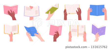 Hands holding open books. Readers with book, different people with notebooks. Library, education, reading concept. Hand textbook racy vector set 131615762