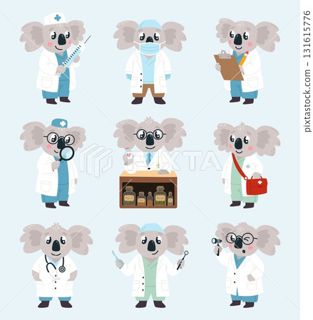 Koala doctor. Nursery, therapist and surgery characters. Funny animals in medical uniform. Childish mascots for pediatrician, hospital classy vector set 131615776