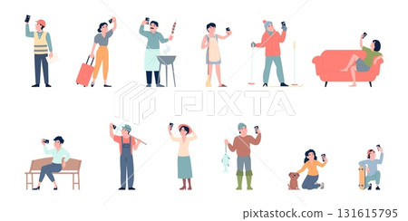 Selfie characters. People with smartphones doing photos or video in various situations. Male female with food, animals, in hobby or travel, recent vector set 131615795