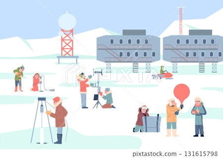 Polar station explorers. Remote shift workers at the north or south pole, a snowy landscape with technical buildings and researchers, recent vector scene 131615798