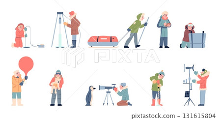 Polar scientist characters. Scientists exploring the north and south poles. Flat people wear winter warm clothes, arctic animal care, break through the ice, recent vector set Polar scientist characters. Scientists exploring the north and south poles. Flat people wear winter warm clothes, arctic animal care, break through the ice, recent vector set 131615804