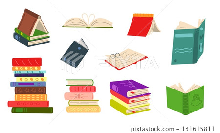 Piles of books. Open and closed book, cartoon textbooks, notebook. Reading elements, library or bookstore. Book festival vector collection 131615811