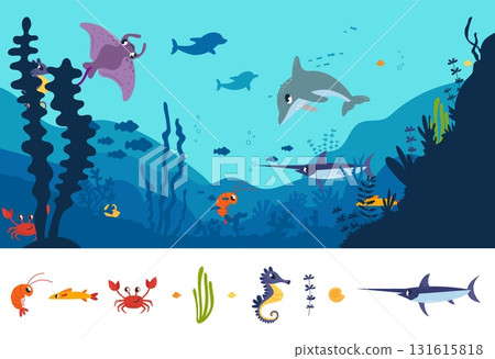 Find elements on underwater location. Children educational game for mindfulness training. Searching sea animals on picture, cartoon ocean vector background Find elements on underwater location. Children educational game for mindfulness training. Searching sea animals on picture, cartoon ocean vector background 131615818