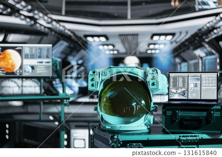 Close up of astronaut gear next to laptop in spaceship displaying planetary scan of Mars during expedition. Notebook in spacecraft showing red planet surface analytics metrics during orbital voyage 131615840