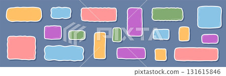 Colorful doodle sticker text set in organic box and rectangle patch frames. Hand drawn banner label and bubble elements create a playful background, perfect for text or note decoration, creative 131615846