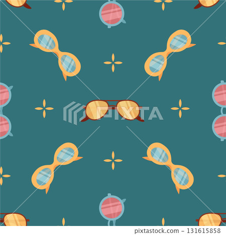 Flat seamless pattern with sunscreen bottle shape, sunglasses, tube, and sunblock. Seamless pattern background with lotion, cream, SPF detail. Summer cosmetic care, decorative sun protection flat 131615858