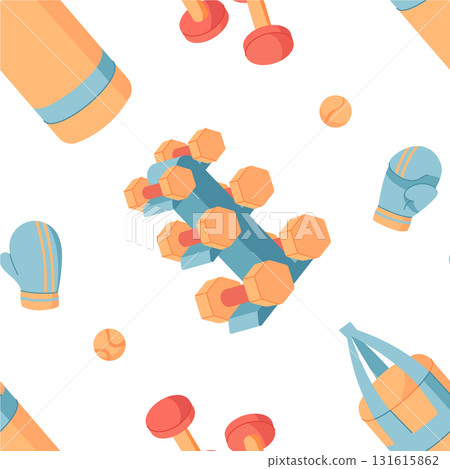 Seamless pattern featuring colorful gym equipment. Dumbbells, gloves, and balls arranged in a vibrant and dynamic style. Perfect for fitness decor, workout textiles, sporty backgrounds with a bold Seamless pattern featuring colorful gym equipment. Dumbbells, gloves, and balls arranged in a vibrant and dynamic style. Perfect for fitness decor, workout textiles, sporty backgrounds with a bold 131615862
