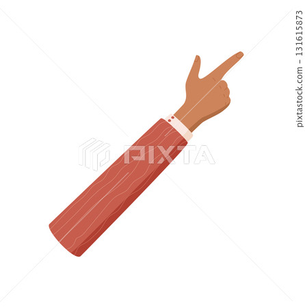 Flat cartoon hand gesture. Black skin tone hand shows number two with raised thumb and index fingers. Arm in red sleeve creates finger pointing sign to count or indicate, isolated vector style graphic 131615873