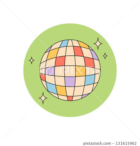 Groovy retro disco ball sticker emblem in funky colorful style. Party circle design as package lid with y2k graphic element and emblem for modern box or gift package themes. 131615902