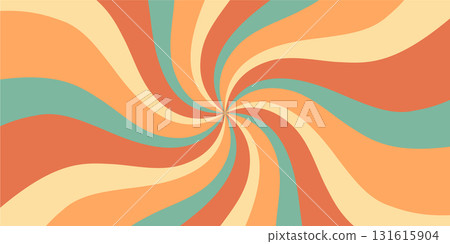 Retro groovy spiral sun pattern blends bold orange swirl and burst elements. Sunshine and y2k graphic create striking background, horizontal format for trendy wallpaper vibrant summer mood. 131615904