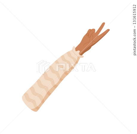 Flat style hand gesture with two fingers raised. Number two hand sign with clothed arm and sleeve. Palm and fingers express count or gesture, isolated on white background. Perfect visual for 131615912