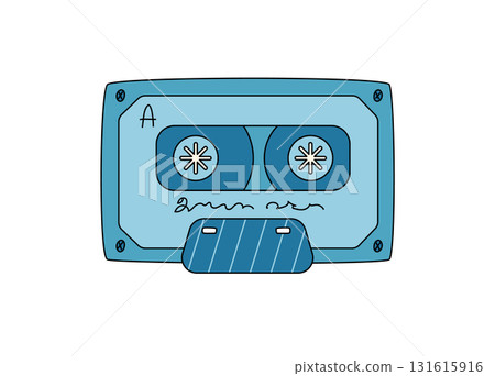 Groovy retro blue cassette cartoon sticker in funky style. Vintage music tape and audio element, y2k vibe and groovy element, fun for trendy nostalgic collections. Groovy retro blue cassette cartoon sticker in funky style. Vintage music tape and audio element, y2k vibe and groovy element, fun for trendy nostalgic collections. 131615916