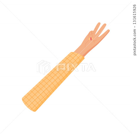 Cartoon style hand gesture with three fingers. Hand with raised fingers and visible palm expresses the number three. Wrist connected to an arm a yellow checkered sleeve. Flat visual design, ideal for Cartoon style hand gesture with three fingers. Hand with raised fingers and visible palm expresses the number three. Wrist connected to an arm a yellow checkered sleeve. Flat visual design, ideal for 131615926
