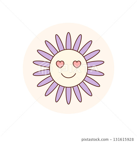 Cute round cartoon flower with groovy smile and heart eyes in colorful y2k retro style sticker. Sticker for package lid or seal. Vibrant circle for playful product, modern packaging or cheerful 131615928