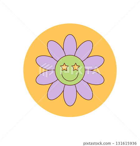 Groovy retro smiley flower sticker in cute cartoon graphic style and bright yellow. Happy face forms the center of this playful groovy element, ideal as a fun seal for package or box. Colorful Groovy retro smiley flower sticker in cute cartoon graphic style and bright yellow. Happy face forms the center of this playful groovy element, ideal as a fun seal for package or box. Colorful 131615936
