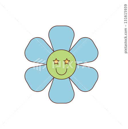 Groovy y2k flower cartoon smiley in blue and yellow with happy and cute style sticker. This playful sticker shows a groovy element as cheerful pop art, ideal for vintage retro inspired projects. 131615939