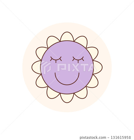 Groovy retro flower in a happy circle as a flat sticker. Y2k seal shows smile for package lid, playful style and positive mood, perfect for creative packaging and vintage branding. 131615958