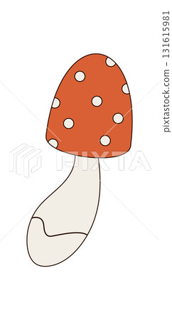 Groovy retro cartoon mushroom sticker with red psychedelic cap in trippy magic style. Groovy element appears as a y2k symbol, with a fun and funky pop look for modern creative art use. Groovy retro cartoon mushroom sticker with red psychedelic cap in trippy magic style. Groovy element appears as a y2k symbol, with a fun and funky pop look for modern creative art use. 131615981