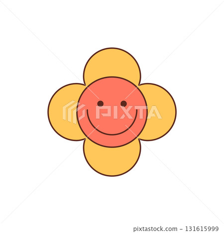 Groovy y2k flower sticker in cheerful cartoon graphic style. Happy yellow smiley shines as a cute, colorful and positive groovy element. Perfect for retro pop art, playful and trendy backgrounds. Groovy y2k flower sticker in cheerful cartoon graphic style. Happy yellow smiley shines as a cute, colorful and positive groovy element. Perfect for retro pop art, playful and trendy backgrounds. 131615999