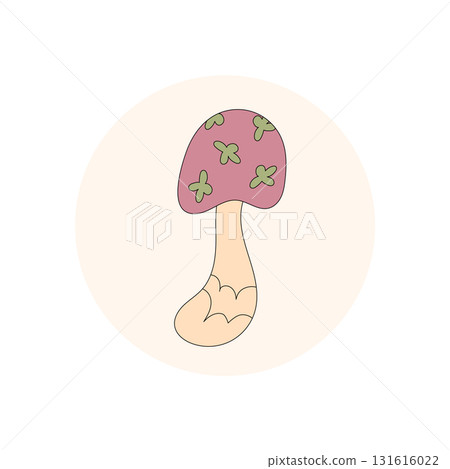 Retro groovy pink mushroom sticker label with flat y2k patch style. Circular shroom art in soft pink for package lid and product label. Fun icon for modern packaging. 131616022
